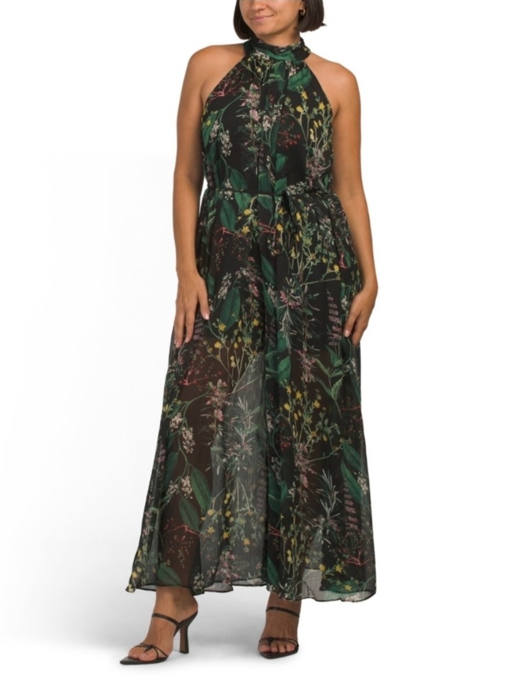 London Times Jumpsuit Sleeveless Halter in Sheer Dark Botanical 12 Romantic
